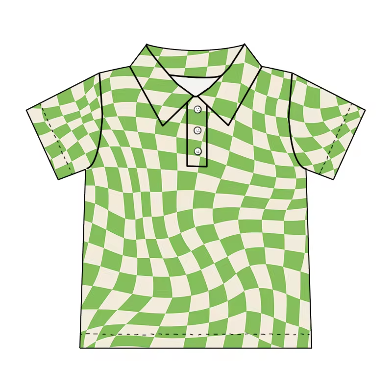 (Custom Design Preorder MOQ 5)  Green Plaid Print Boys Summer Western Polo Tee Shirts Top