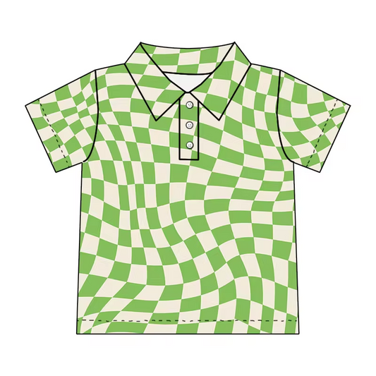 (Custom Design Preorder MOQ 5)  Green Plaid Print Boys Summer Western Polo Tee Shirts Top