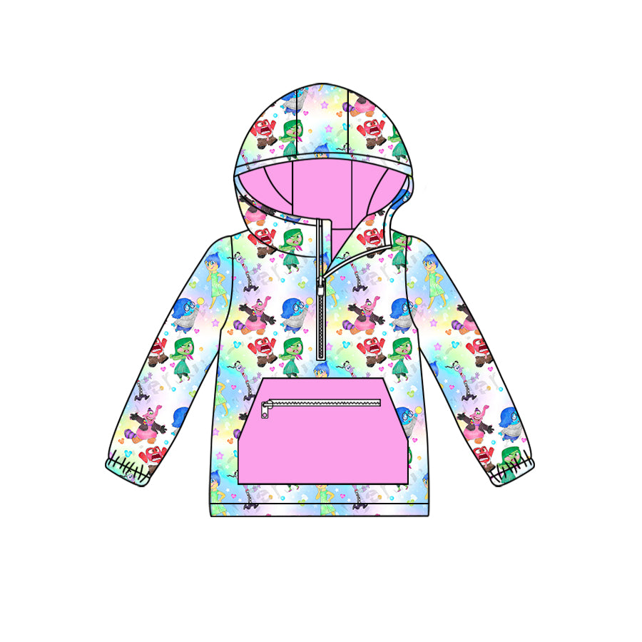 (Custom Design Preorder MOQ 5) Cartoon Figure Inside Out Tie-dye Print Girls Hoodie Pullover Zipper Tops