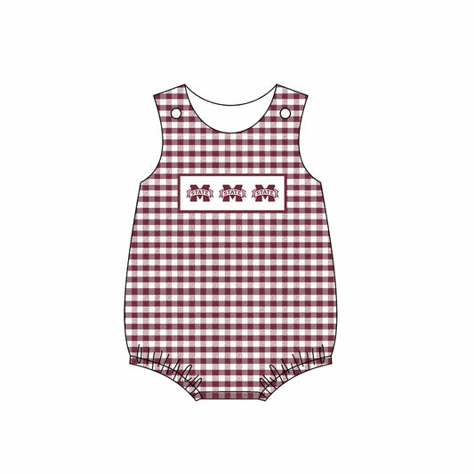 (Custom Design Preorder MOQ 5) Football Team's MC Wine Plaid Print Baby Kids Summer Romper