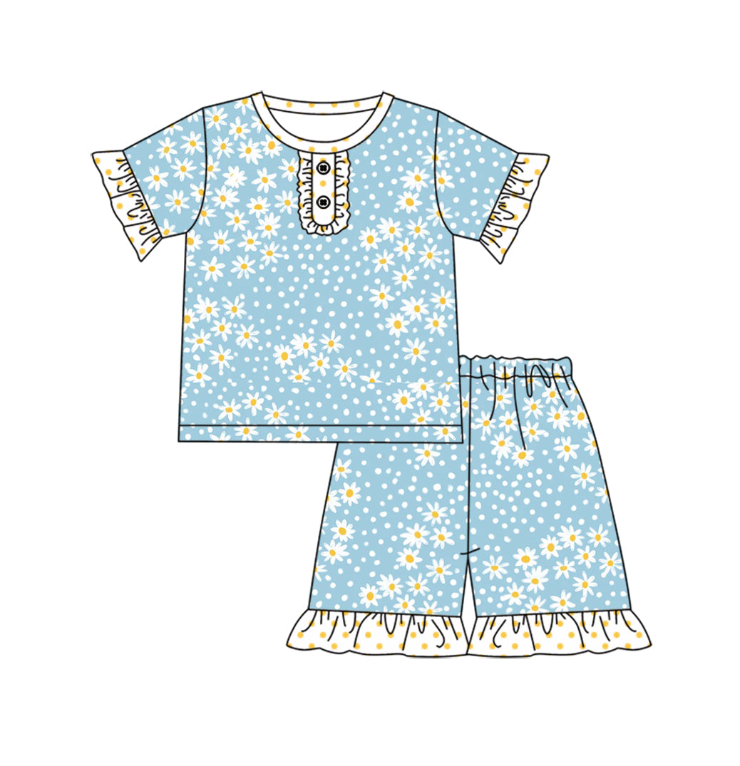 (Custom Design Preorder MOQ 5) Blue Flowers Print Girls Summer Pajamas Clothes Set