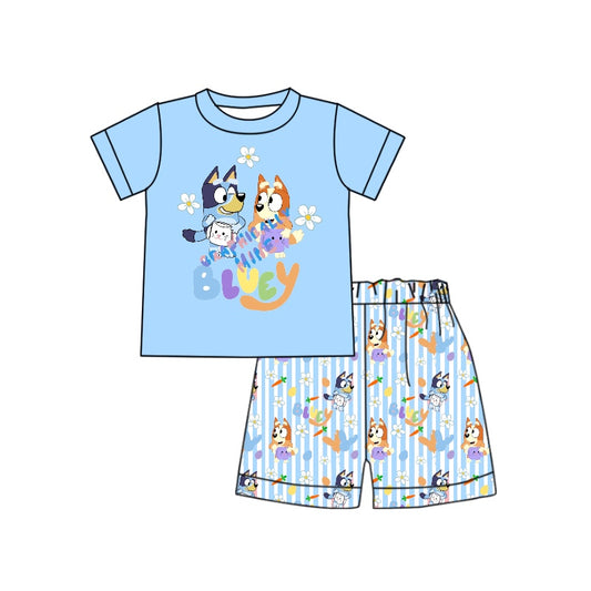 (Custom Design Preorder MOQ 5) Blue Carrot Cartoon Dog Shorts Boys Easter Clothes Set