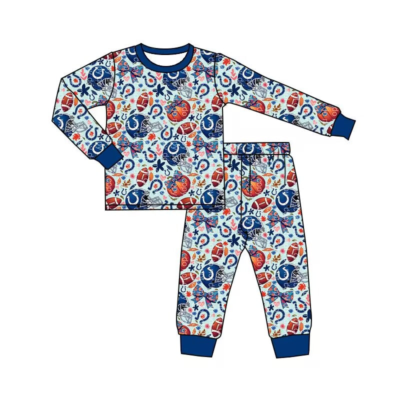 (Custom Design Preorder MOQ 5) Team's Pumpkin Blue Bows Print Girls Pajamas Clothes Set