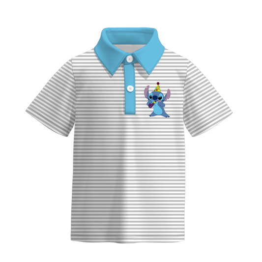 (Custom Design Preorder MOQ 5) Cartoon Animals Brithday Stripes Print Boys Summer Polo Tops