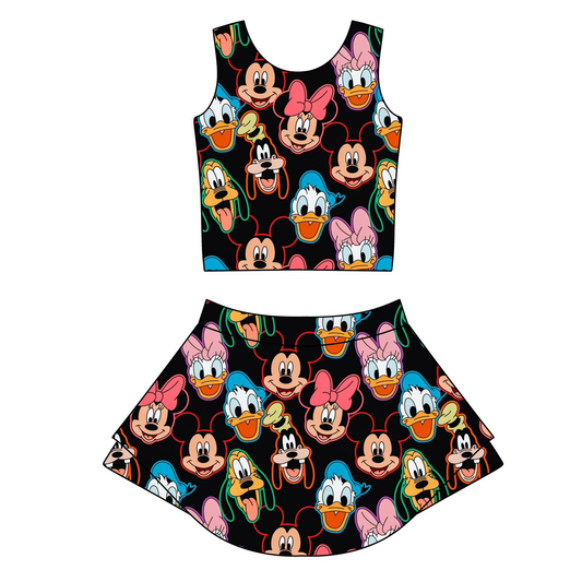 (Custom Design Preorder MOQ 5) Cartoon Mouse Print Shorts Skirts Girls Summer Yoga Clothes Set