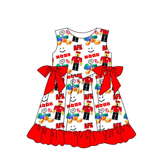 2.19(Custom Design Preorder MOQ 5)  Cartoon Games Roblo* Red Print Girls Summer Knee Length Dress