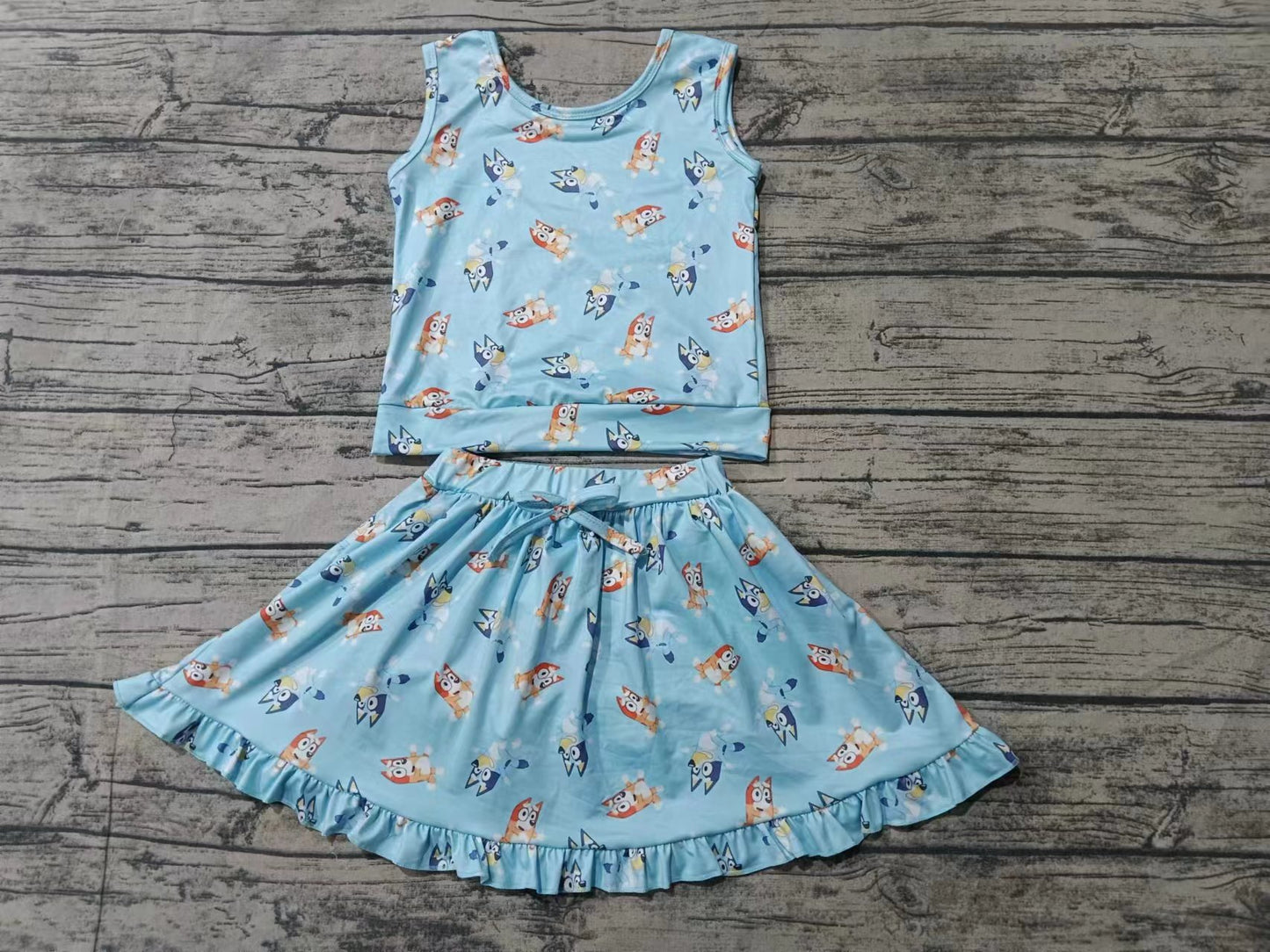 (Custom Design Preorder MOQ 5)  Blue Cartoon Dog Print Skirts With Shorts Girls Summer Clothes Set