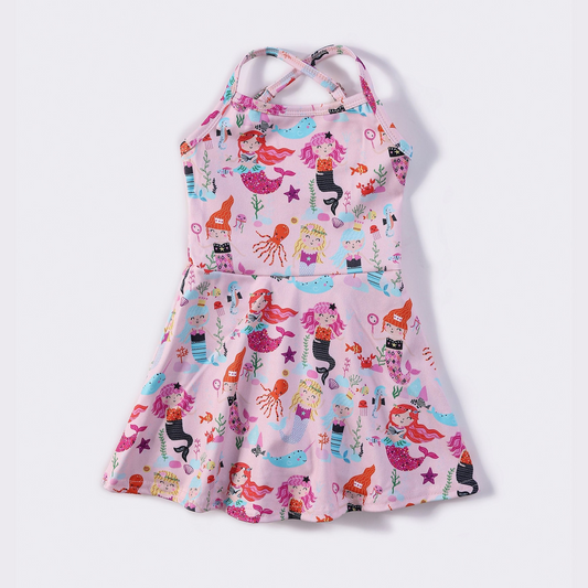 (Custom Design Preorder MOQ 5) Mermaid Print Backless Top Shorts Skirts Girls Summer Yoga Dress