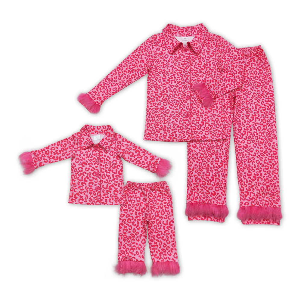 Hotpink Leopard Print Mom and Me Matching Fall Buttons Fur Pajamas Clothes Set