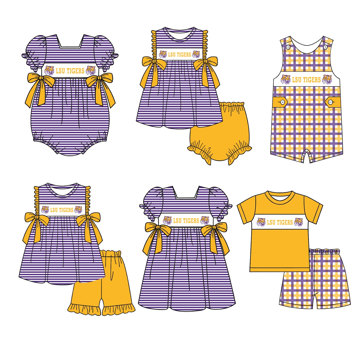 (Custom Design Preorder MOQ 5 Each Design) Team's LSU Tigers Print Kids Summer Matching Clothes Sibling Wear
