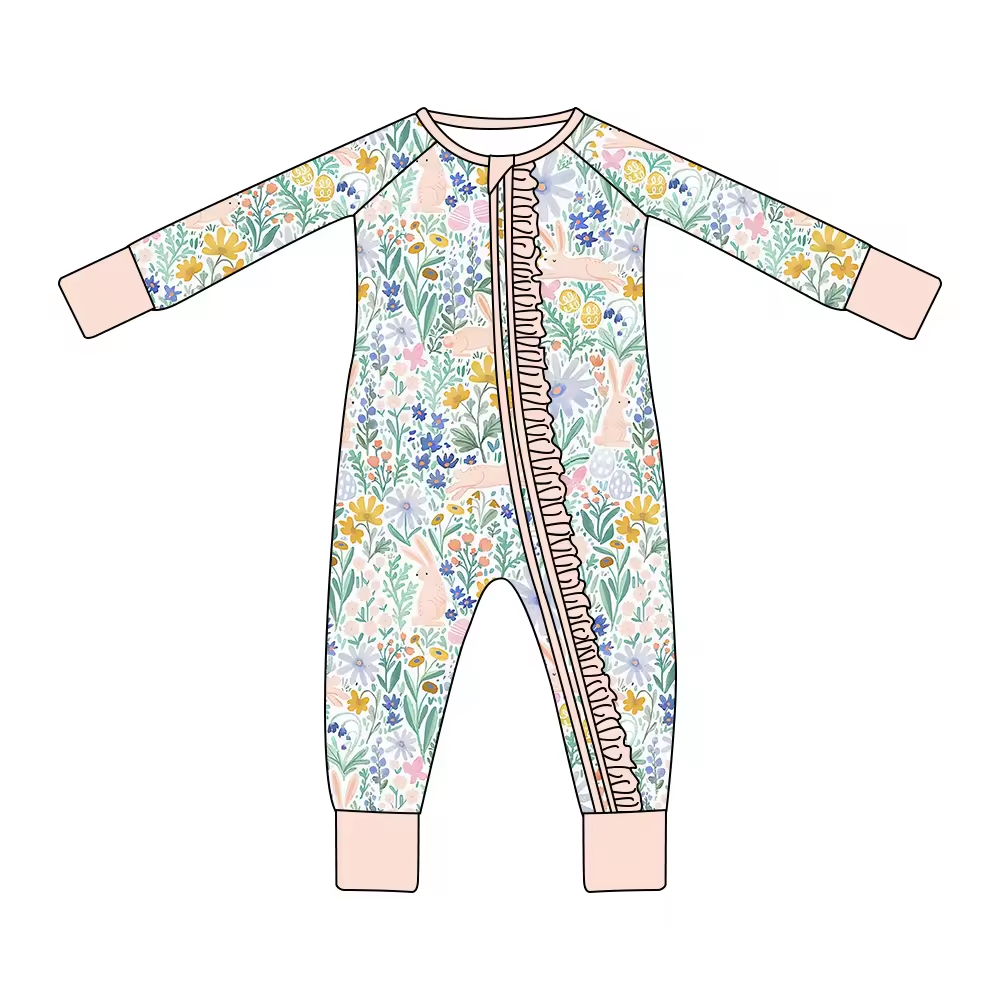 (Custom Design Preorder MOQ 5) Flowers Print Baby Girls Fall Sleeper Zipper Romper