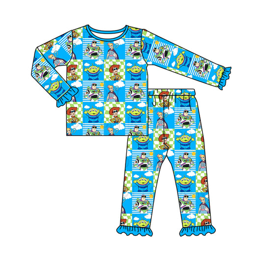 (Custom Design Preorder MOQ 5) Cartoon Toys Plaid Print Girls Fall Pajamas Clothes Set