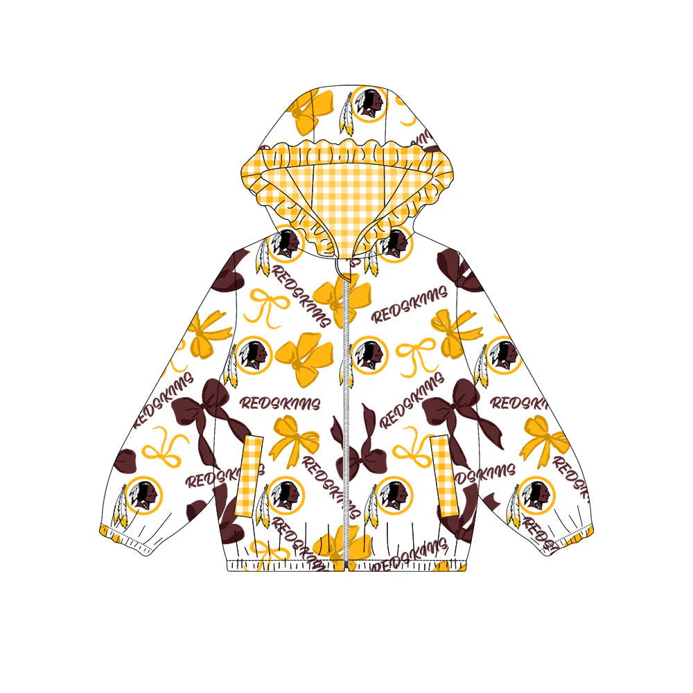 (Custom Design Preorder MOQ 5) Washington Commanders REDSKINS Bows Print Pockets Girls Long Sleeve Zipper Jackets Top