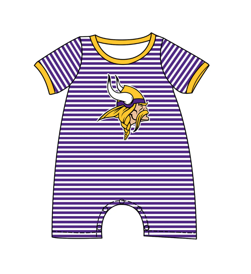 (Custom Design Preorder MOQ 5) Team's Vikings Stripes Print Baby Boys Summer Romper