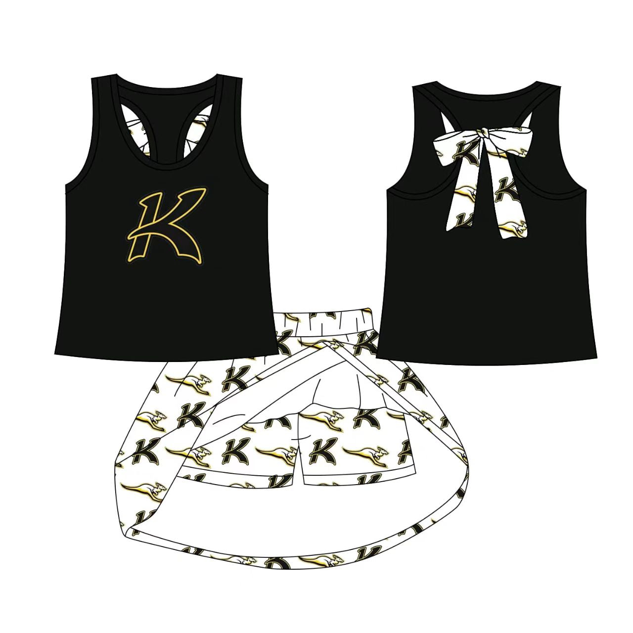 (Custom Design Preorder MOQ 5) Team's K Black Top Skirts Shorts Girls Summer Clothes Set