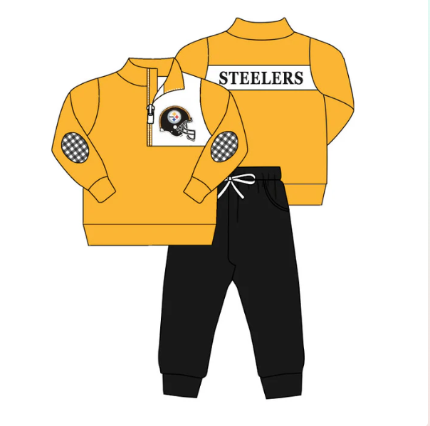 (Custom Design Preorder MOQ 5) Team's STEELERS Top Black Pants Boys Fall Clothes Set