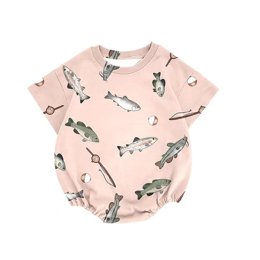 (Custom Design Preorder MOQ 5) Fish Pink Print Baby Girls Summer Romper