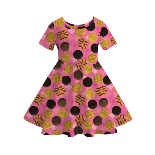 (Custom Design Preorder MOQ 5) Cookies Pink Print Girls Knee Length Summer Dress