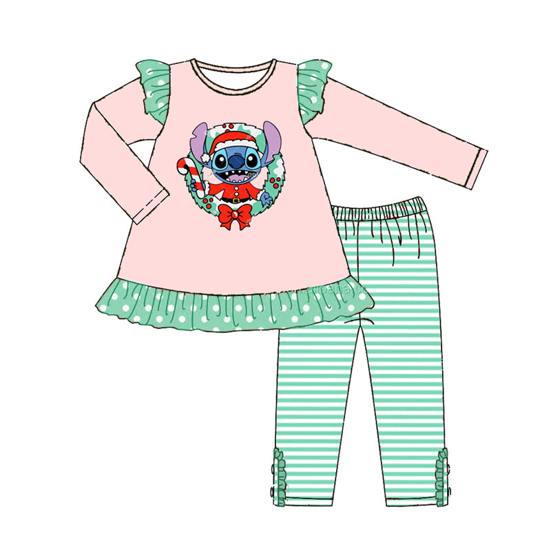 (Custom Design Preorder MOQ 5) Cartoon Animals Holly Candy Top Stripes Pants Girls Christmas Clothes Set