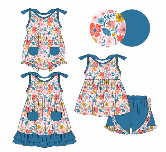 1.7(Custom Design Preorder MOQ 5 Each Design) Flowers Blue Pink Print Girls Summer Matching Clothes Sisters Wear