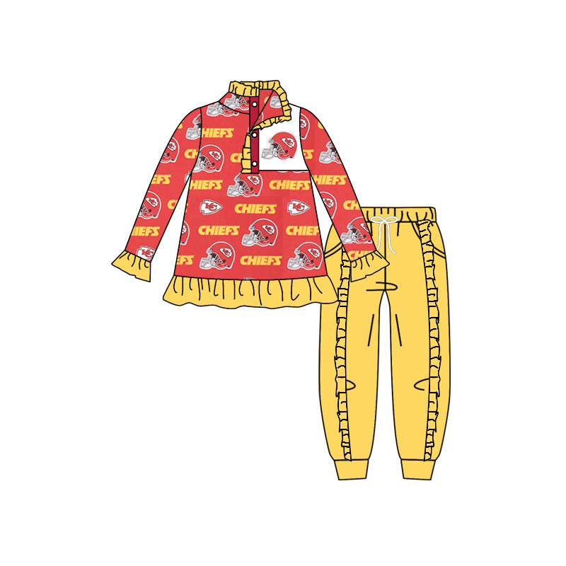 (Custom Design Preorder MOQ 5) Team's KC Yellow Red Top Pants Girls Fall Clothes Set