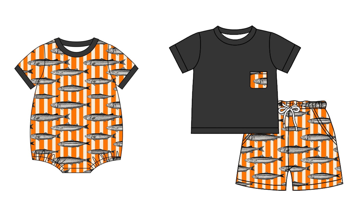 12.5 (Custom Design Preorder MOQ 5 Each Design) Fish Orange Stripes Print Boys Summer Matching Clothes Brothers Wear
