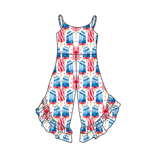 2.24(Custom Design Preorder MOQ 5) Red Blue Popsicle Stars Print Girls 4th of July Jumpsuits