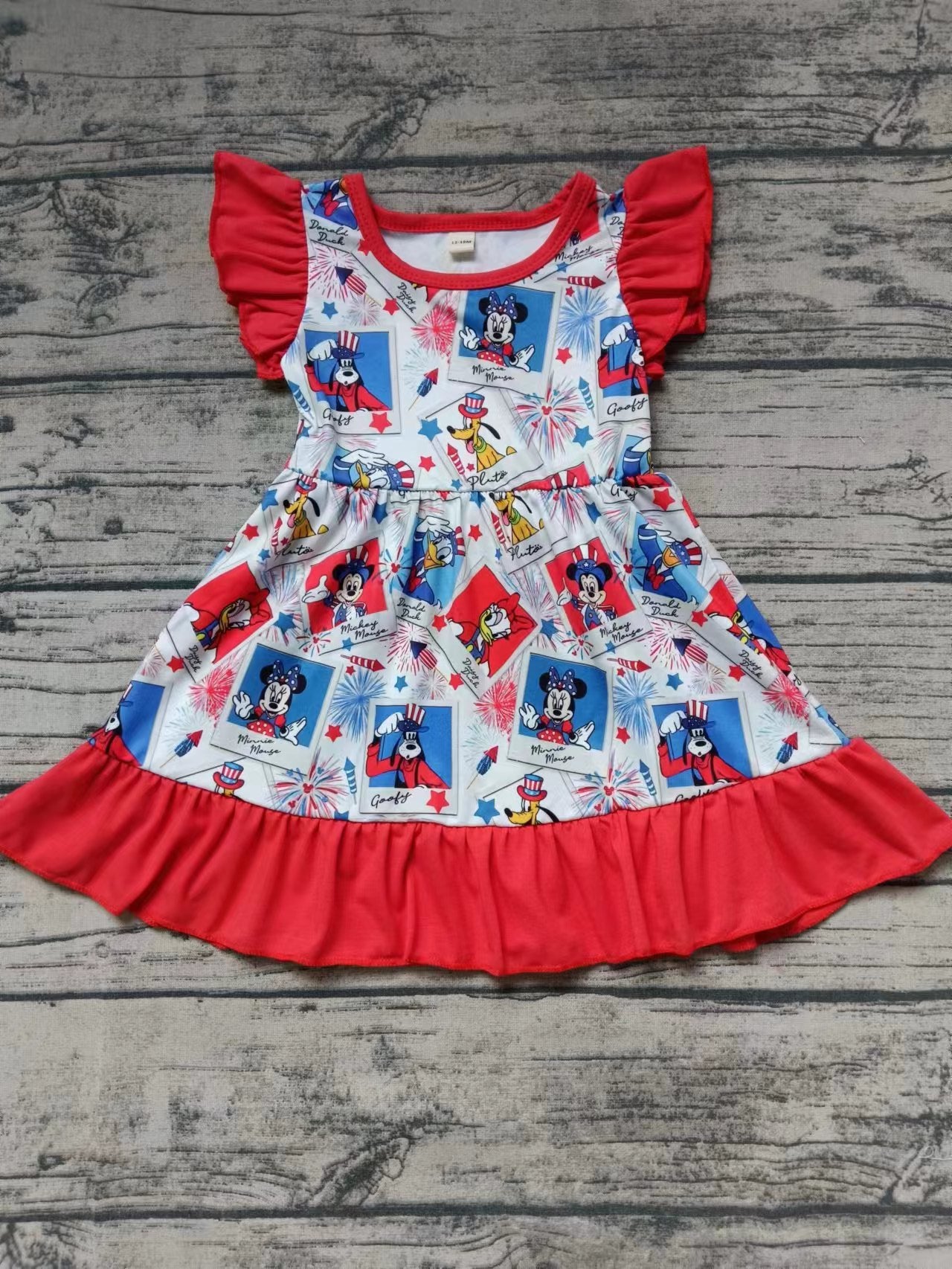 (Custom Design Preorder MOQ 5) Cartoon Mouse Print Girls Knee Length 4th of July Dress