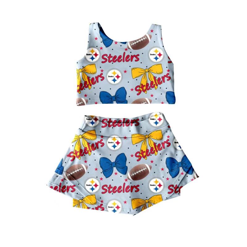 (Custom Design Preorder MOQ 5) Team's STEELERS Football Bows Print Shorts Skirts Girls Summer Yoga Clothes Set