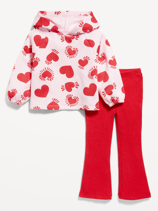 (Custom Design Preorder MOQ 5)  Heart Print Hoodie Top Red Pants Girls Valentine's Clothes Sets