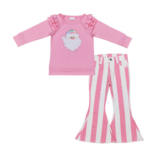 Pink Santa Embroidery Top Stripes Denim Jeans Girls Christmas Clothes Set