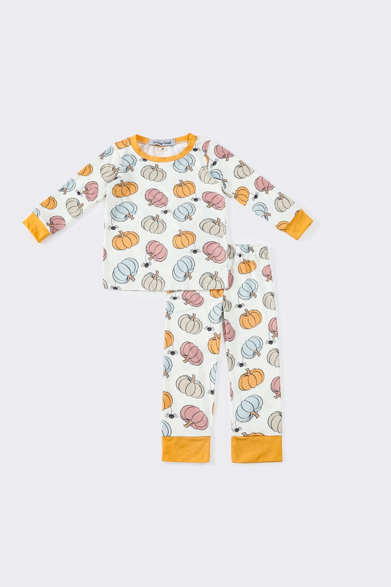 (Custom Design Preorder MOQ 5) Pumpkin Mustard Print Kids Fall Bamboo Pajamas Clothes Set