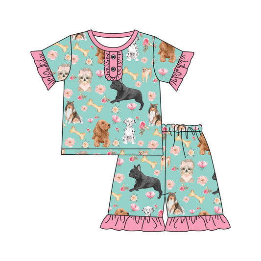 (Custom Design Preorder MOQ 5) Dog Flowers Print Girls Summer Pajamas Clothes Set