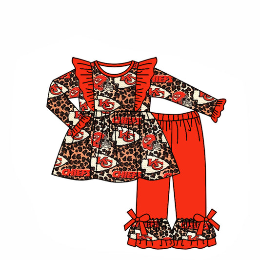 (Custom Design Preorder MOQ 5) Team's KC Leopard Tunic Top Red Ruffle Pants Girls Fall Clothes Set