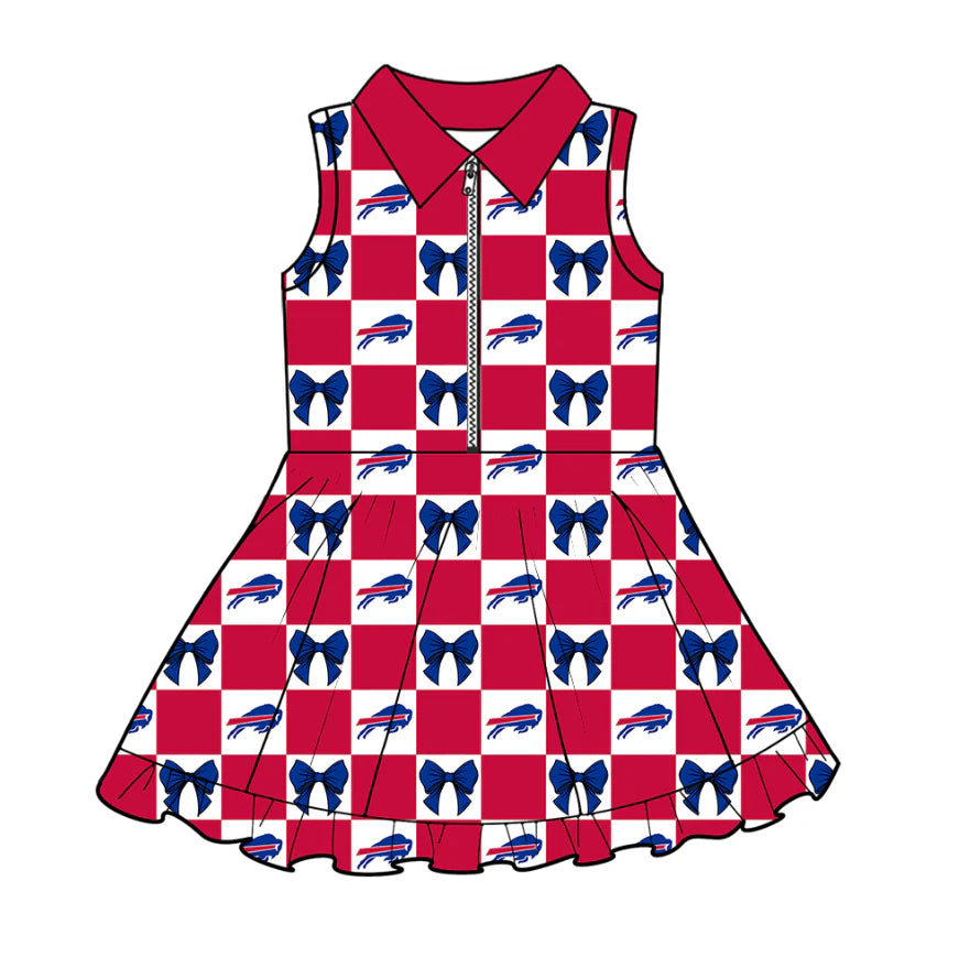 (Custom Design Preorder MOQ 5 Each Color) Team's Bills Bows Plaid Print Girls Summer Clothes Sisters Matching Wear