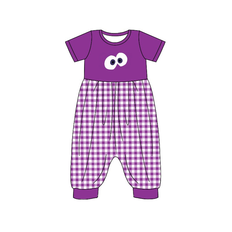 (Custom Design Preorder MOQ 5) Cartoon Figure Inside Out Purple Plaid Print Girls Jumpsuits Baby Romper