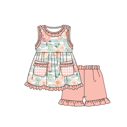 (Custom Design Preorder MOQ 5) Pink Flowers Print Pockets Top Ruffle Shorts Girls Summer Clothes Set