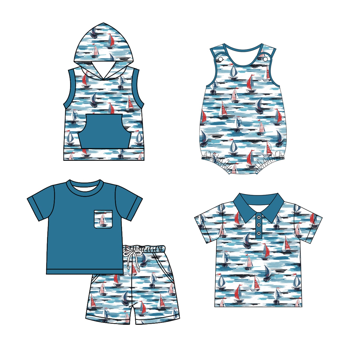 2.8(Custom Design Preorder MOQ 5 Each Design)  Sailboat Print Boys Summer Matching Clothes Brothers Wear