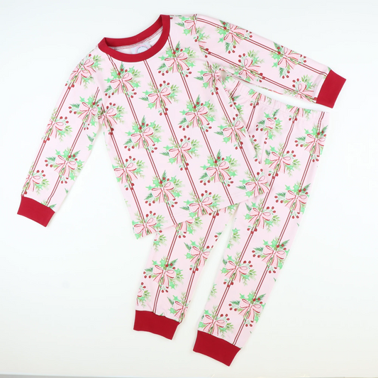 (Custom Design Preorder MOQ 5) Red Bows Holly Print Girls Christmas Pajamas Clothes Set