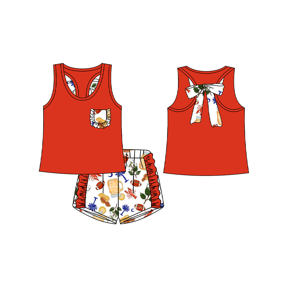 12.14(Custom Design Preorder MOQ 5) Red Pocket Vest Top Crayfish Shorts Girls Summer Clothes Set