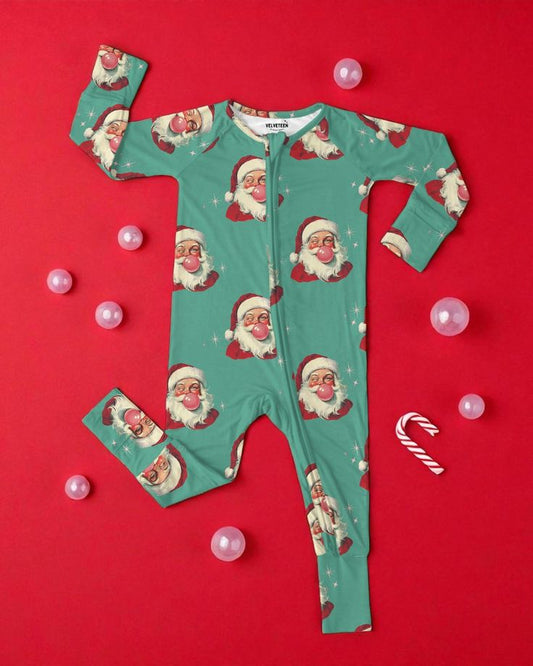 (Custom Design Preorder MOQ 5)  Santa Green Print Baby Christmas Sleeper Zipper Romper