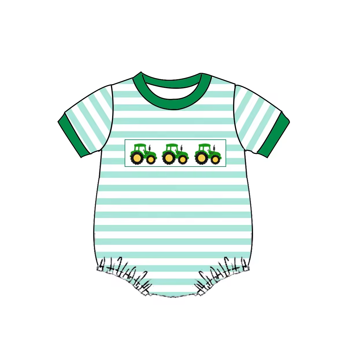 (Custom Design Preorder MOQ 5) Tractor Green Stripes Print Baby Boys Summer Romper