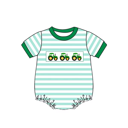 (Custom Design Preorder MOQ 5) Tractor Green Stripes Print Baby Boys Summer Romper