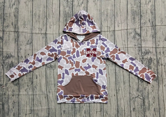 (Custom Design Preorder MOQ 5 Each Item) Team's Mississippi State Purple Brown Camo Print Kids Fall Zipper Hoodie Top Mom and Me Matching Clothes