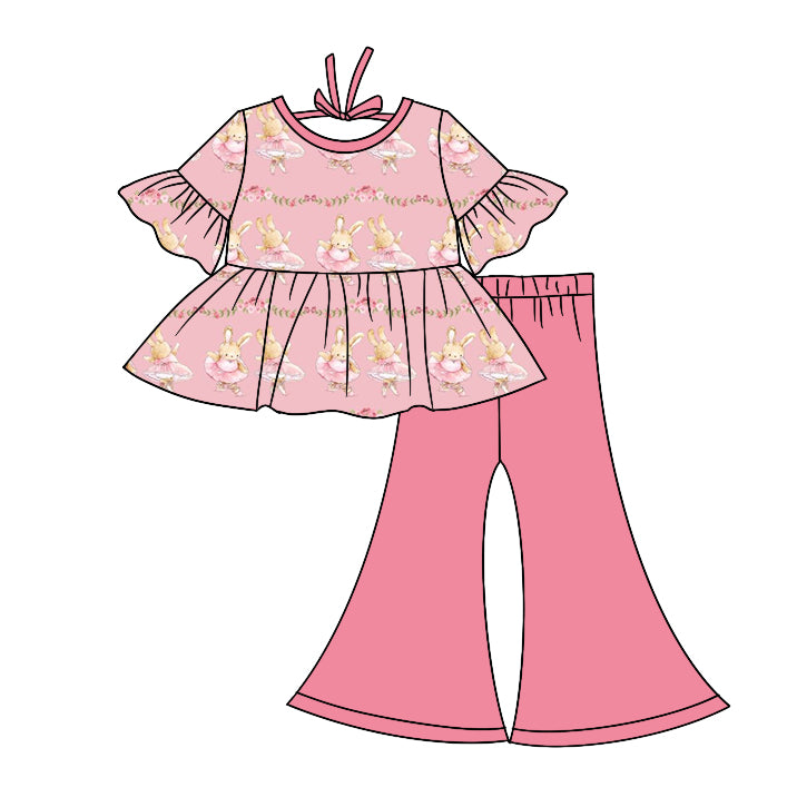 (Custom Design MOQ 5) Pink Bunny Print Girls Easter Clothes Set