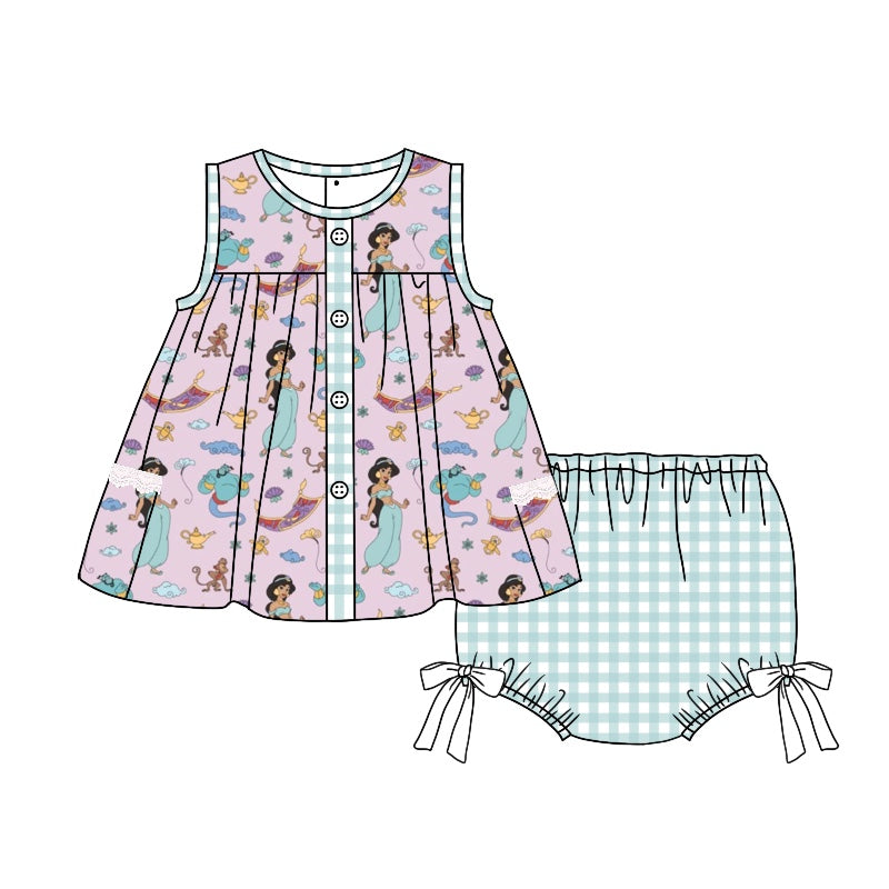 (Custom Design MOQ 5)  Princess Lamp Print Baby Girls Summer Bummie Sets