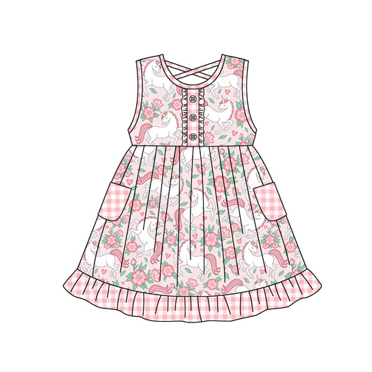 (Custom Design Preorder MOQ 5) Pink Unicorn Flowers Print Pockets Girls Knee Length Summer Dress