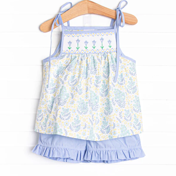 (Custom Design Preorder MOQ 5) Flowers Strap Tunic Top Blue Ruffle Shorts Girls Summer Clothes Set