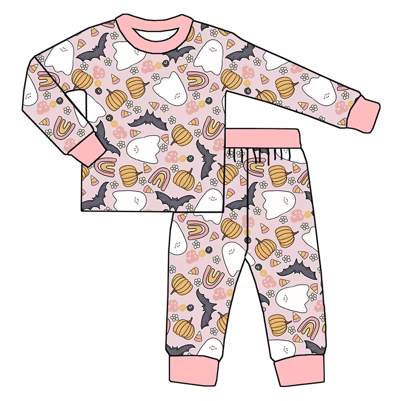 (Custom Design Preorder MOQ 5) Ghost Pumpkin Candy Print Girls Halloween Pajamas Clothes Set