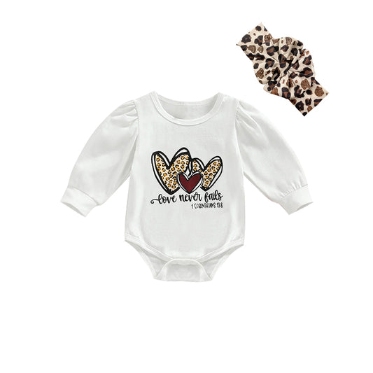 (Custom Design MOQ 5) Leopard Heart Print Baby Girls Valentine's Romper